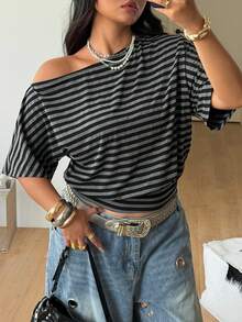 Coolane Women's  Plus Size Summer Outfits Oversized Inclusive Sizing Holiday Outfits Black Stripe Casual Slash Shoulder Asymmetrical T-Shirt Plus Size Waist-Defining Top, Figure-Flattering Fit - Black - View 3