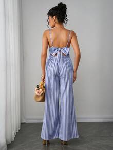 Momance 女士休闲无袖蝴蝶结连体裤，孕妇适用，春夏款 - 藍色 - 查看 5