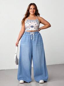 SHEIN CURVE+ 大码女式休闲日常通勤百搭抽绳腰宽松透气阔腿牛仔裤 - 淺色水洗藍 - 查看 7