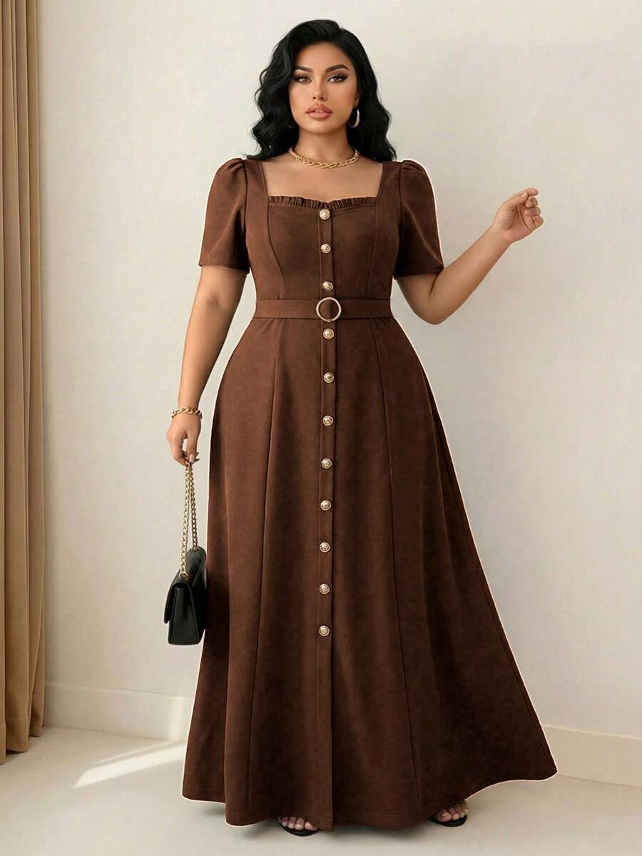 Elenzga 大码女士优雅布艺纽扣腰带装饰夏季短袖荷叶边领收腰A字连衣裙，适合办公室、通勤、约会、外出、复古风、毕业典礼、节日、情人节、音乐节、母亲节、万圣节、感恩节、复活节、国庆节、舞会、约会、派对、婚礼、户外活动等场合。 - 棕色 - 查看 1