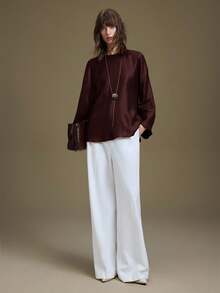 Ontre 2026春夏新款女士纯色喇叭袖衬衫，适合办公室穿着、婚礼宾客礼服、户外服装、教师制服、夜店装、冬季服装、商务休闲优雅衬衫 - 酒紅色 - 查看 5