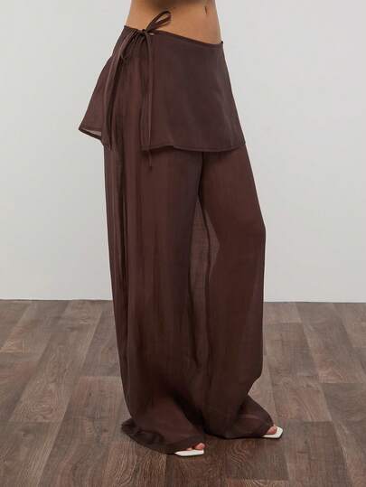 COUREZ Pantalones holgados de globo semitransparentes de talle bajo con falda superpuesta / Ropa de verano Y2K para mujeres, pantalones marrones para salir, atuendos para salir, atuendos para conciertos, atuendos de verano, atuendos de primavera para mujeres