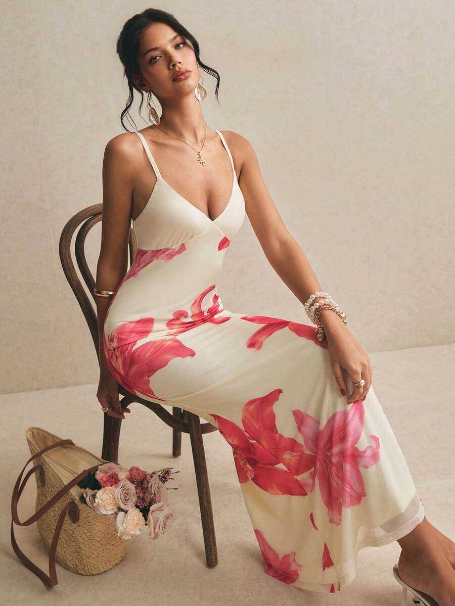 Poéselle 女士春夏新款撞色拼接长款印花连衣裙，浪漫假日风修身长裙