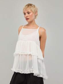 COUREZ Sheer Mesh Cami Layering Dress With Ruffle Hem Detail /Y2K Summer Clothes For Women White Dresses Summer Outfits Going Out Outfits Sheer Dresses Concert Outfits Spring Outfits For Women - White - View 2