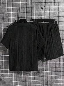 Conjunto de 2 piezas para niño preadolescente con camisa tipo polo de tela texturizada con cuello y cremallera, y pantalones cortos a juego de tela texturizada, estilo casual cómodo adecuado para salidas, fotografía callejera, fiestas, paseos por la ciudad - Negro - Ver 3