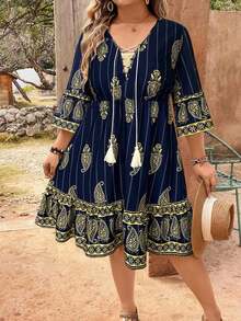 SHEIN Clasi Rochie mini Hera Paisley cu imprimeu de ciucuri și decolteu în V, cu bretele și flori de caju, mărime plus - Albastru regal - Vizualizare 3