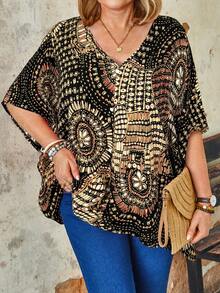 EMERY ROSE Plus Size V-Neck Batwing Sleeve Loose Retro Summer Fashion Shirt - Black - View 3
