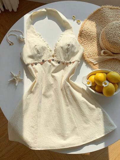 Comfortcana Vestido mini casual de vacaciones con decoración de colgante y espalda descubierta para mujer
