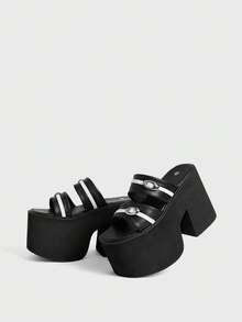 Sugerpunk Giày nữ mùa xuân hè, có khóa cài, mũi thường, đế dày 13cm, gót cao, phong cách punk, phối đen trắng, da PU, dép lê đế dày gót cao cho nữ, thích hợp cho tiệc tùng, ngày Valentine, đi ngoài trời, mùa hè, phong cách Y2K. - màu đen - Xem 4