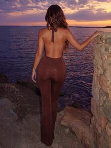 Glamine Women's Sexy Backless Tie-Front Jumpsuit, Suitable For Beach Vacation - Coffee Brown - View 2