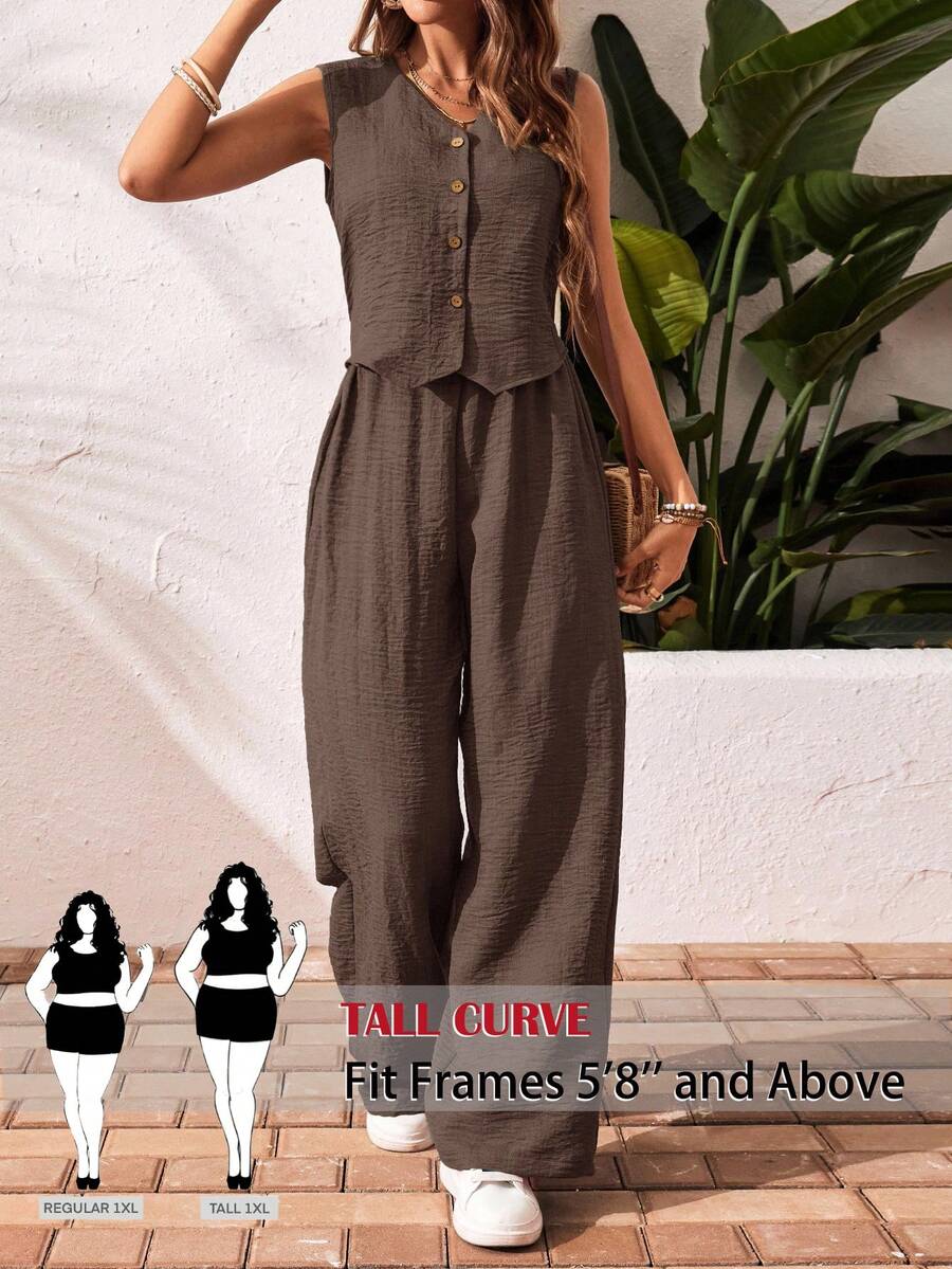 SHEIN Tall CURVE 大码女式纯色单排扣马甲和裤子休闲两件套 - 棕色 - 查看 1