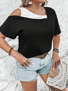 EMERY ROSE Plus Size Summer Casual Colorblock Asymmetric Collar T-Shirt - Black - View 5