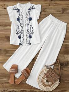 EMERY ROSE 女士度假休闲花卉刺绣衬衫和裤子两件套 - 白色 - 查看 10