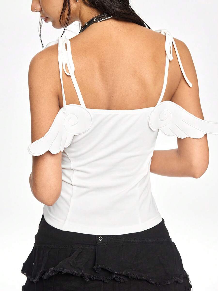 ROMWE Kawaii Cute Innocent Angel Wing Decor Tight-Fit Cotton Women Tank Top - White - View 1