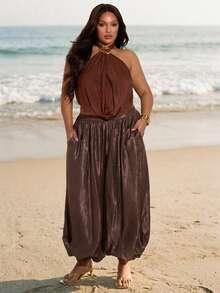 SHEIN BAE 大码女式纯色口袋休闲百搭日常灯笼裤，灯笼裤，咖啡棕色波西米亚风大码女装，大地色系女装，大码下装 - 棕色 - 查看 6