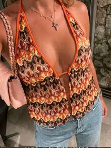 SHEIN EZwear 女款露背深V領A字掛脖上衣，焦橙色夏季波西米亞彩色條紋印花，復古優雅海灘度假休閒款 - 彩色 - 查看 5