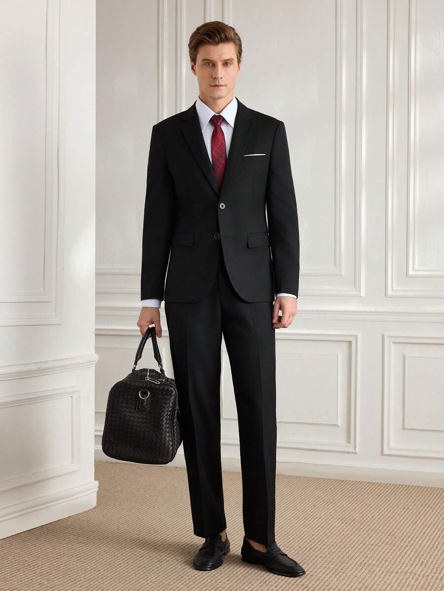 Officeau Men's 2pcs Black Suits, Blazer&Pants, For Formal Business/ Office - Black - View 1