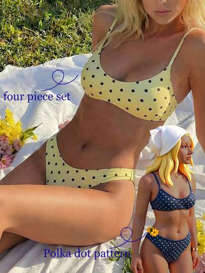 Swim Mod 4件套女士时尚可爱性感沙滩装，可调节波点抹胸上衣和比基尼泳裤，适合海滩、游泳池、派对、春夏穿着。