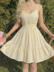 SHEIN Tween Girl Elegant Embroidered Fabric Spaghetti Strap Ruffle Hem Dress - Yellow - View 3