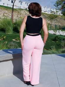 Lupita Cardoza 2 件套女式字母印花背心和撞色长裤套装，奶油黄色，夏季度假装 - 黑色 - 查看 2
