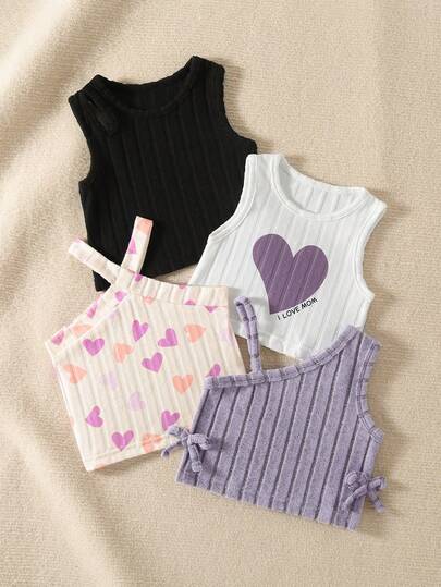 SHEIN Playful Pals 4pcs/Set Baby Girls' Colorful Dopamine Print Solid Color Camisole Tops, Summer
