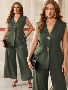 Roveilla Plus Size Dark Green Summer Elegant Formal Work Pant Suits For Women,Sleeveless Jacket Blazer With Metal Buckle & High Waist Loose Straight Leg Pants - Army Green - View 3