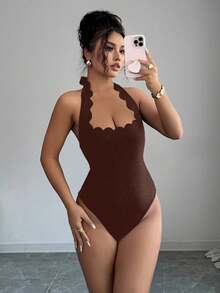 Gloray Mono de vacaciones sexy negro con cuello halter, volantes y ajuste ceñido para estilizar la figura - Marrón - Ver 6