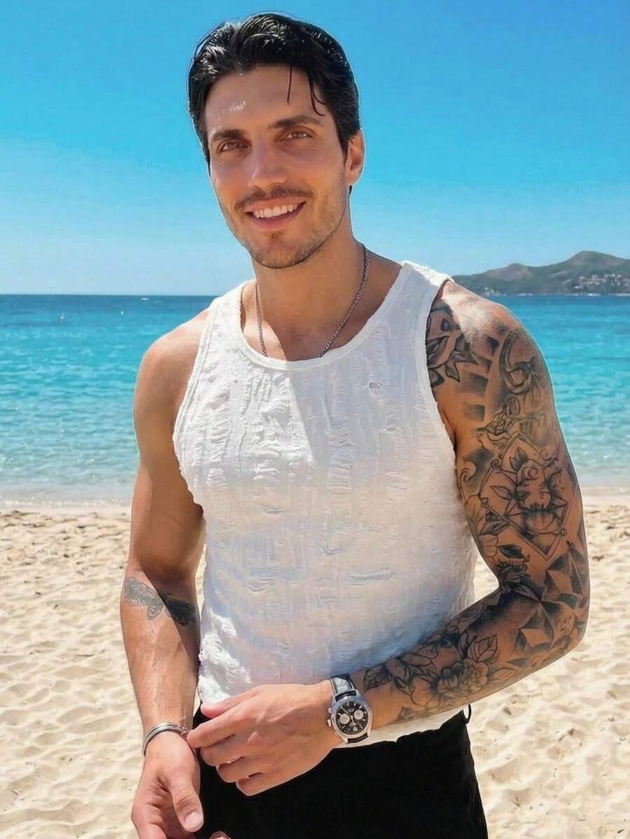 Manfinity VCAY Men's Off-White Summer Casual Beach Holiday Tank Top,Round Neck Textured Jacquard Knit Solid Color Hollow-Out Cotton Fabric Baggy Festival Clothes
