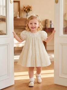 SHEIN Baby Girl Bow Decor Short Puff Sleeve Casual Dress - Apricot - View 9