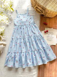 SHEIN Vintaside Kids Đầm hai dây thắt nơ cho bé gái đi nghỉ mát bên bờ biển, thích hợp cho kỳ nghỉ, mùa hè, du lịch. - Màu xanh lam - Xem 2