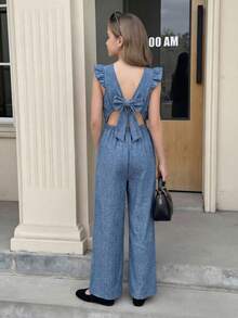 SHEIN Streecool 少女春夏休闲时尚百搭甜美喇叭袖连体裤，方领露背蝴蝶结设计，优雅甜美风格，适合休闲、度假、通勤等场合。 - 彩色 - 查看 9