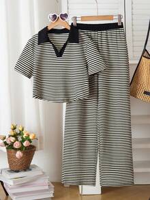 Teenage Girls' T-Shirt Set, Young Ladies' Fashion Plaid Set, Collar Splice Black, Curved Hem Design, Paired With Pants, Casual & Simple - Multicolor - View 1