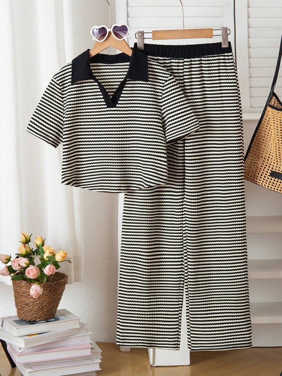 Teenage Girls' T-Shirt Set, Young Ladies' Fashion Plaid Set, Collar Splice Black, Curved Hem Design, Paired With Pants, Casual & Simple - Multicolor - View 1