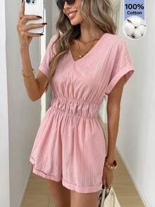 Easowa Bộ áo liền quần nữ màu trơn cổ chữ V tay cánh dơi nhún eo - Hồng - Xem 2