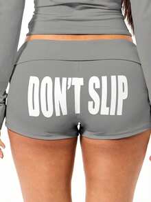 SUMWON WOMEN Fold Over Waistband Booty Shorts With Contrast Text Print For Women Summer Casual Lounge Comfort Fit Hip Hugging Style - Grey - View 1