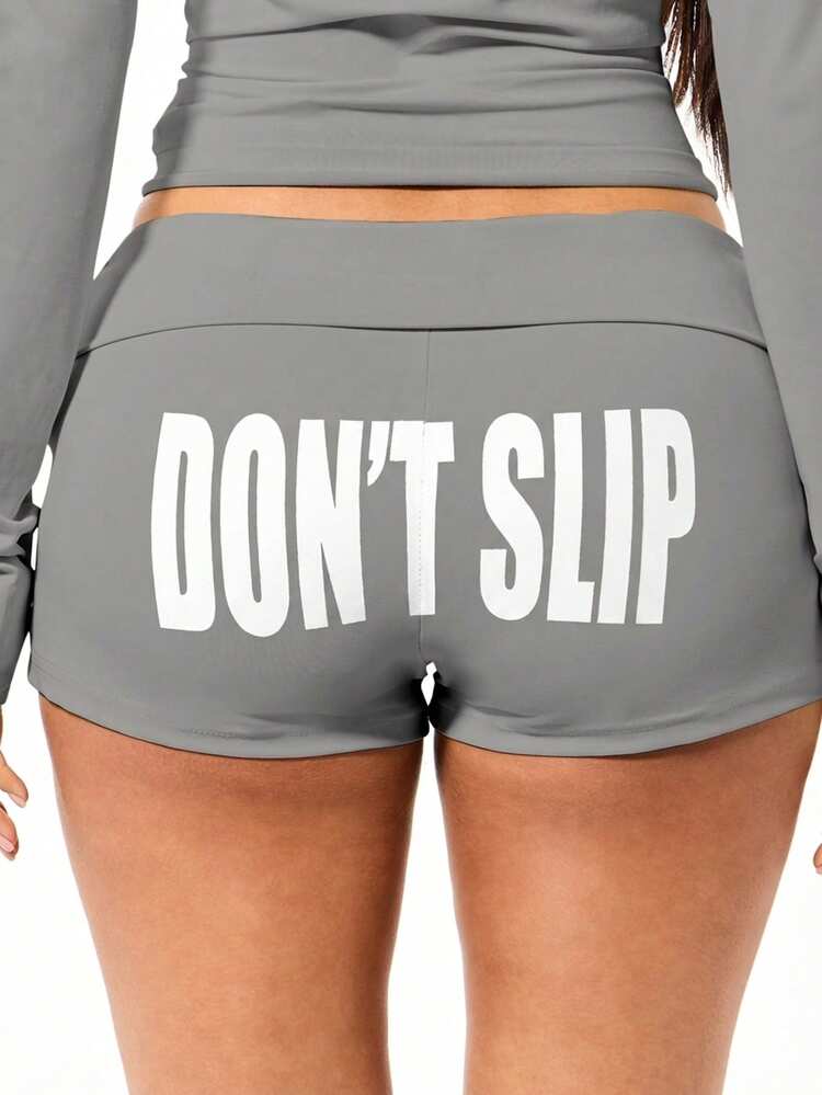 SUMWON WOMEN Fold Over Waistband Booty Shorts With Contrast Text Print For Women Summer Casual Lounge Comfort Fit Hip Hugging Style