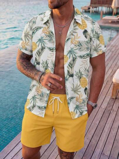 VIVINTIMO Conjunto de camisa de manga corta casual y pantalones cortos con estampado de plantas tropicales para hombres, traje de baño, ropa tropical de vacaciones para hombres, conjuntos tropicales para hombres, ropa de vacaciones para hombres, hawaiano
