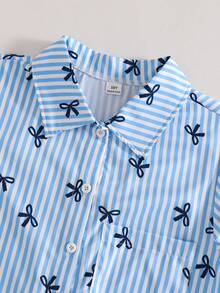 SHEIN Áo chống nắng kẻ sọc cho bé gái tuổi teen, mùa xuân/hè, kiểu Hàn Quốc, thích hợp cho kỳ nghỉ, mùa hè, du lịch. - Màu xanh lam - Xem 4