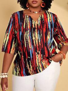 EMERY ROSE 大码女式V领条纹短袖休闲衬衫 - 彩色 - 查看 1