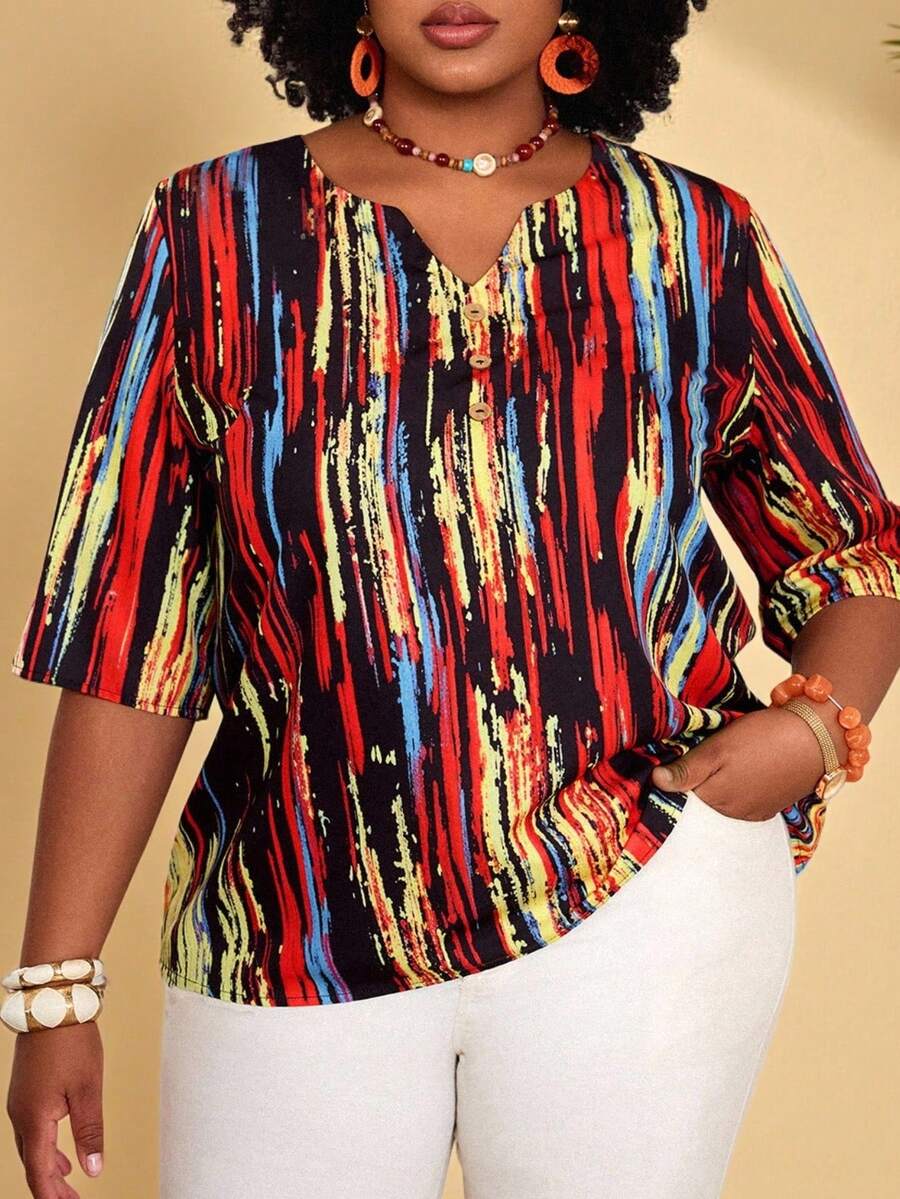 EMERY ROSE 大码女式V领条纹短袖休闲衬衫 - 彩色 - 查看 1