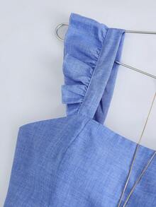 GlowEve New Arrival Summer Ruffled Collar Jumpsuit For Women, Blue Color, Waist Tie, Minimalist - Blue - View 4