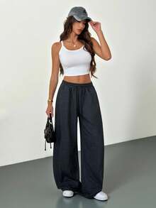 SHEIN Tall 2025秋冬新款条纹运动裤，松紧腰，锥形裤腿，优雅都市风，适合万圣节、约会、派对、旅行、圣诞节、婚礼宾客、生日、商务休闲、办公室等场合，是秋季女装的理想之选。 - 灰色 - 查看 7