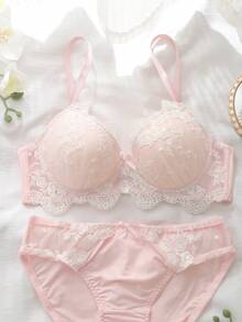 DelicateAllure Women's Elegant Lace Patchwork Bra And Panty Set - Pink - View 5