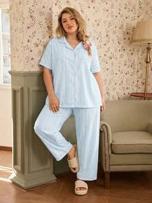CottageSlumber Plus Size Ditsy Floral Ruffle Collar Short Sleeve Pajama Set - Blue - View 6