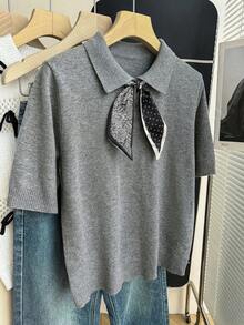 Franclia New Spring/Summer Casual Minimalist Round Neck Sleeveless Top, Featuring Paisley Print, Polka Dot Patchwork, French Elegant Style, Cropped Silhouette, Optimized Proportions, Suitable For Dresses Or Pants, Relaxed Fit, Ribbed Trim At Sleeve Cuffs And Neckline, Color Blocking Bow Design - Grey - View 3
