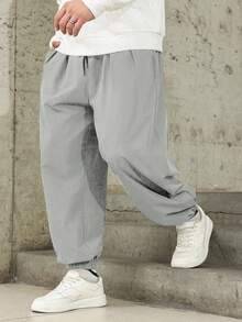 Manfinity Homme 男士加大码纯色斜插口袋休闲工装裤 - 灰色 - 查看 4