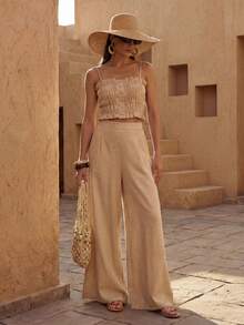 Zivah Women's Solid Color Frill Trim Camisole And Wide Leg Pants 2 Pieces Set, Casual For Dating, Daily Wear, Vacation, Commute, Spring/Summer Elegant Outfit 2 Piece Brunch Outfits For Women 2 Piece Ladies Two Piece Outfits - Brown - View 8