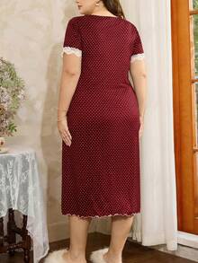 Côtesoire Elegantes französisches Stil Maxikleid mit Langarm, Spitzen-Patchwork, locker geschnittenes Polka Dot Kontrastfarbenes Nachthemd, Große Größen - Bordeaux - Übersicht 2