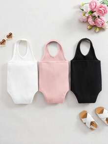SHEIN 3件套可爱纯色针织吊带连体衣，女婴夏季款 - 彩色 - 查看 2