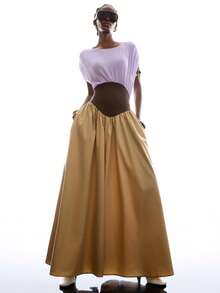 LYSMO 女士撞色收腰优雅长裙 - 彩色 - 查看 3